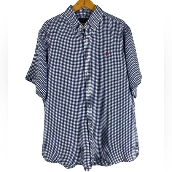 Ralph Lauren Classic Fit Linen Blue‎ White Gingham Button Down Shirt Size XL - Picture 1 of 11